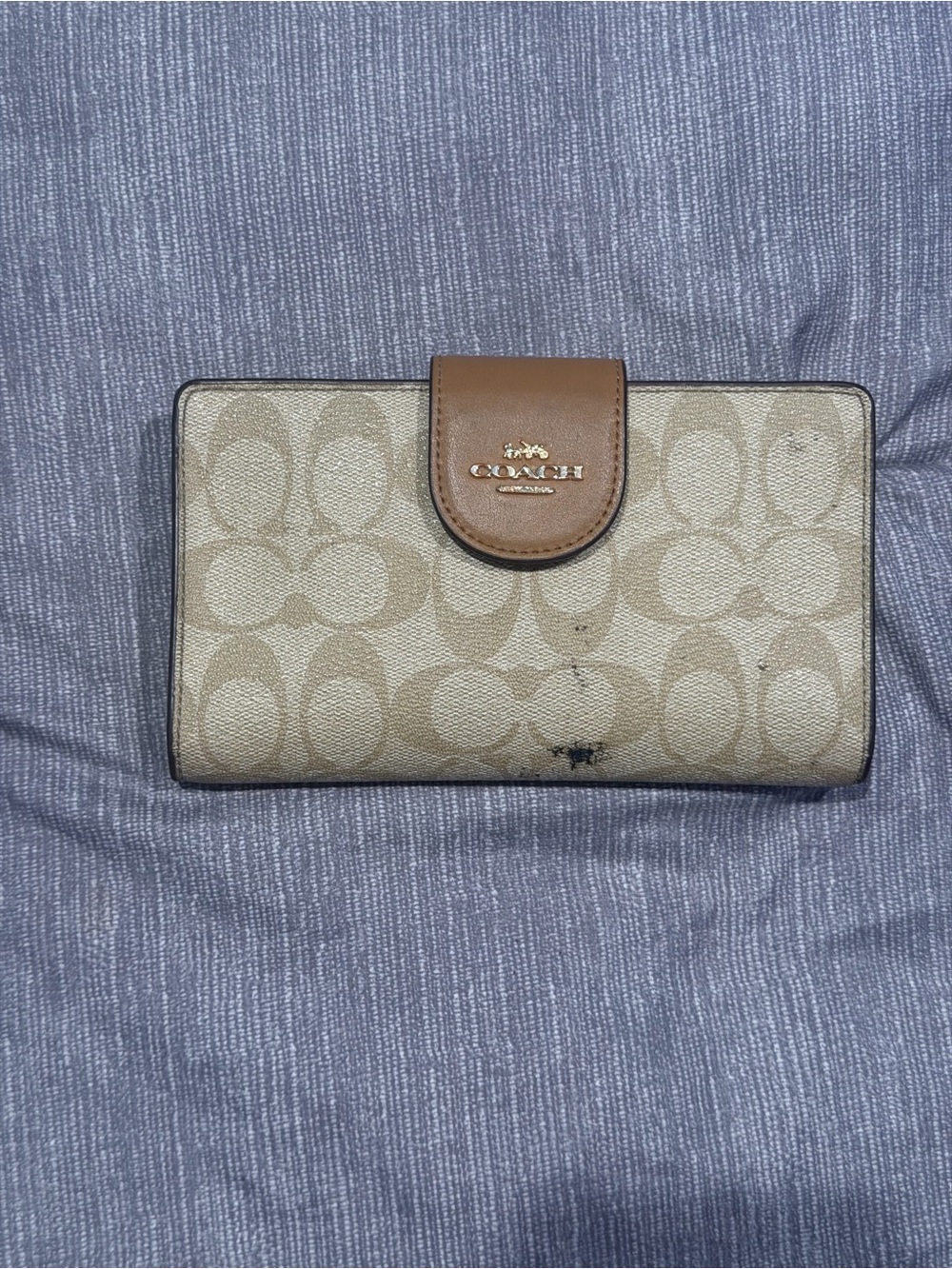 Coach Beige Signature Canvas Wallet with Brown Leather Snap
